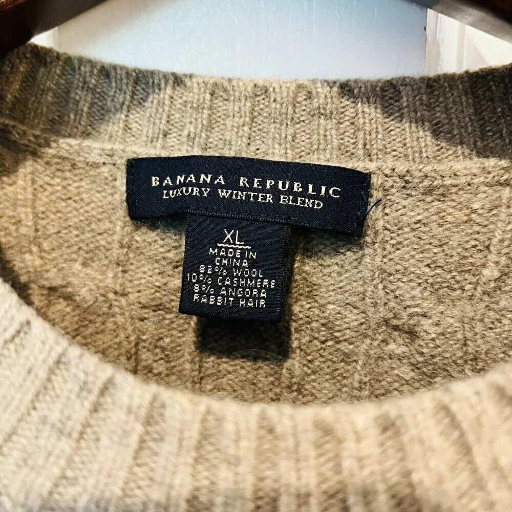 Banana Republic White Cable Knit Fisherman's Wool Cashmere Sweater Mens XL